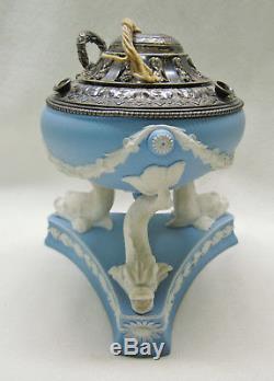 Wedgwood Blue and White Jasperware Oil Lamp Dolphin Base French Silver Oil Font