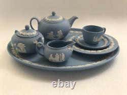 Wedgwood Blue jasperware Miniature Tea set in excellent condition