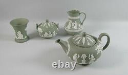 Wedgwood CREAM ON CELEDON Jasperware Teapot, Sugar, Etruscan Jug, Posy Vase