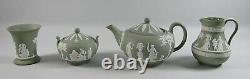 Wedgwood CREAM ON CELEDON Jasperware Teapot, Sugar, Etruscan Jug, Posy Vase