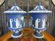Wedgwood Cobalt Blue Jasperware Campana Lidded 10 1/2 Urn Vase Pair (c. 1890s)