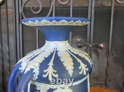 Wedgwood Cobalt Blue Jasperware Campana Lidded 10 1/2 Urn Vase Pair (c. 1890s)