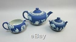 Wedgwood Dark Blue Jasperware Tea Set Teapot, Creamer, Sugar Bowl withLid