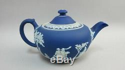 Wedgwood Dark Blue Jasperware Tea Set Teapot, Creamer, Sugar Bowl withLid
