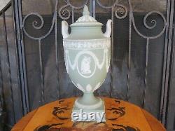 Wedgwood Green Jasperware Lidded Pedestal Urn Vase Apollo Muses, c. 1920s AS IS