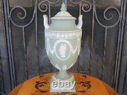 Wedgwood Green Jasperware Lidded Pedestal Urn Vase Apollo Muses, c. 1920s AS IS