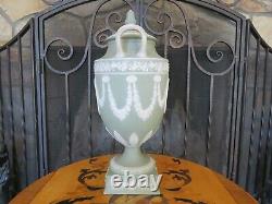 Wedgwood Green Jasperware Lidded Pedestal Urn Vase Muses Urania Erato, c. 1920s