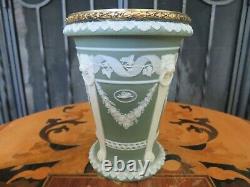 Wedgwood Green Jasperware Pilar Vase Lion Heads Gilt-Metal Rim (c. 1870s)