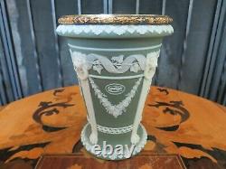 Wedgwood Green Jasperware Pilar Vase Lion Heads Gilt-Metal Rim (c. 1870s)