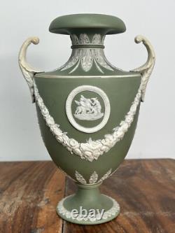 Wedgwood Green Jasperware Shield Vase Classical Relief 24cm