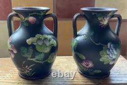 Wedgwood Jasper Black Basalt Enamel 2 X 3 Double Handled Vases Capri Ware