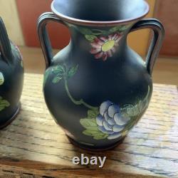Wedgwood Jasper Black Basalt Enamel 2 X 3 Double Handled Vases Capri Ware