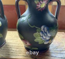 Wedgwood Jasper Black Basalt Enamel 2 X 3 Double Handled Vases Capri Ware