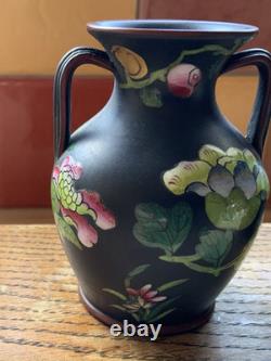 Wedgwood Jasper Black Basalt Enamel 2 X 3 Double Handled Vases Capri Ware
