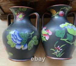 Wedgwood Jasper Black Basalt Enamel 2 X 3 Double Handled Vases Capri Ware
