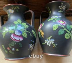 Wedgwood Jasper Black Basalt Enamel 2 X 3 Double Handled Vases Capri Ware