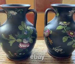 Wedgwood Jasper Black Basalt Enamel 2 X 3 Double Handled Vases Capri Ware
