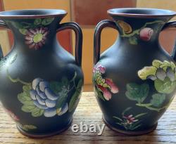 Wedgwood Jasper Black Basalt Enamel 2 X 3 Double Handled Vases Capri Ware