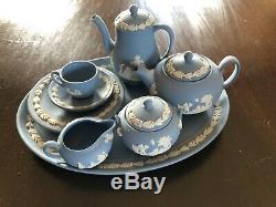 Wedgwood Jasper Ware Blue Miniature Tea/Coffee Set 7 pc- excellent condition