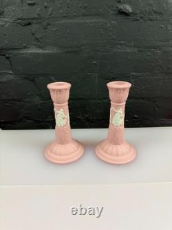 Wedgwood Jasper Ware Pink Candle Stick Holders 6 High Pair Dancing Hours Set