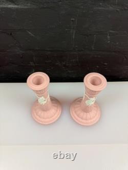 Wedgwood Jasper Ware Pink Candle Stick Holders 6 High Pair Dancing Hours Set