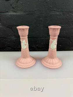Wedgwood Jasper Ware Pink Candle Stick Holders 6 High Pair Dancing Hours Set