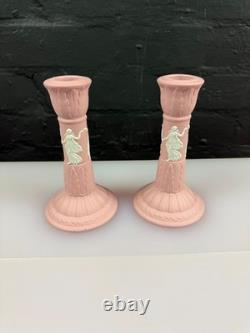 Wedgwood Jasper Ware Pink Candle Stick Holders 6 High Pair Dancing Hours Set