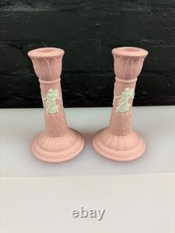Wedgwood Jasper Ware Pink Candle Stick Holders 6 High Pair Dancing Hours Set