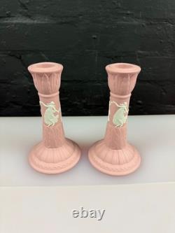 Wedgwood Jasper Ware Pink Candle Stick Holders 6 High Pair Dancing Hours Set