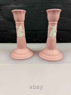 Wedgwood Jasper Ware Pink Candle Stick Holders 6 High Pair Dancing Hours Set