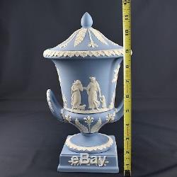Wedgwood Jasper Ware Urn Vase Blue White Offer To Peace Lid Handles Pedestal