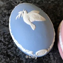 Wedgwood Jasper ware Pink, dancing lady, Blue Dove 1977 lidded egg boxs