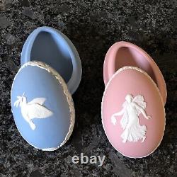 Wedgwood Jasper ware Pink, dancing lady, Blue Dove 1977 lidded egg boxs