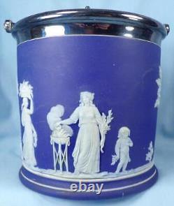 Wedgwood Jasperware Biscuit Jar Blue White Silverplate Lid Antique