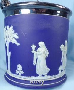 Wedgwood Jasperware Biscuit Jar Blue White Silverplate Lid Antique