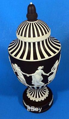 Wedgwood Jasperware Black Basalt/White DANCING HOURS URN Lidded Vase 10.25 f/s
