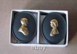 Wedgwood Jasperware Black Gilded Charles & Diana Royal Wedding Pair Pots BOXED