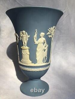Wedgwood Jasperware Blue Vase With White Classical Figures 7.5 Inches Tall