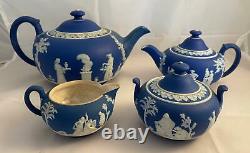 Wedgwood Jasperware Cream on Royal Blue 4 Piece Tea Set Free Shipping