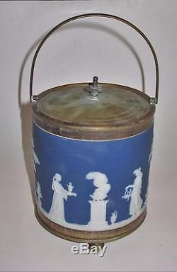 Wedgwood Jasperware DARK BLUE Vintage Handled Biscuit Barrel Cracker Footed Jar