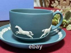 Wedgwood Jasperware Emerald Green Blue 2 Cup & Saucer White Horse Limited 2000