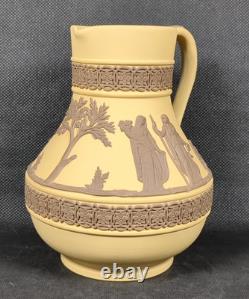 Wedgwood Jasperware Etruscan Jug Cane Yellow & Taupe Brown Ht 13.5cm