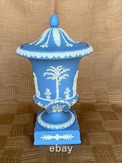 Wedgwood Jasperware Light Blue and White Lidded Campana Vase / Urn on Plinth