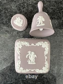 Wedgwood Jasperware Lilac Round Square Lidded Trinket Box Bell 3 Pieces VGC