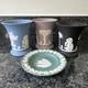 Wedgwood Jasperware Lilic Blue Black Vase X 3 & Teal Trinket Plate Vgc