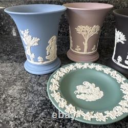 Wedgwood Jasperware Lilic Blue Black Vase X 3 & Teal Trinket Plate VGC