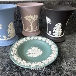 Wedgwood Jasperware Lilic Blue Black Vase X 3 & Teal Trinket Plate VGC