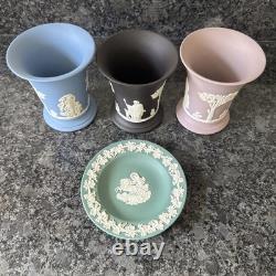 Wedgwood Jasperware Lilic Blue Black Vase X 3 & Teal Trinket Plate VGC