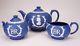 Wedgwood Jasperware Queen Elizabeth Coronation Teapot Sugar Creamer Dark Blue -a