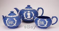 Wedgwood Jasperware Queen Elizabeth Coronation Teapot Sugar Creamer Dark Blue -A